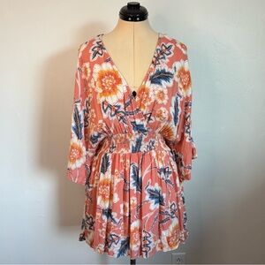 O’NEILL Amaze Dress in Canyon Clay, Kimono Style Mini, Peach Pink Multi Floral L